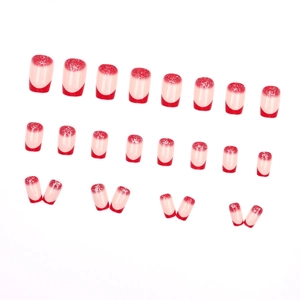 Faux ongles carrés roses et rouges avec dégradé pailleté et style French tip