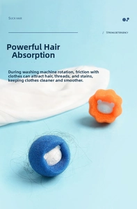 Detail showing blue and orange laundry sponges with panda filter capturing hair and lint