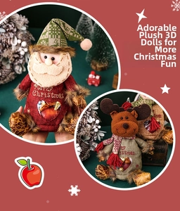 Close-up of plush Santa and reindeer Christmas gift bags with transparent window design