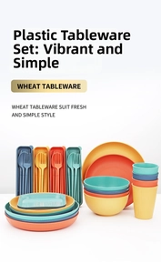 Detail of wheat straw tableware set featuring plates, bowls, cups, and portable cutlery