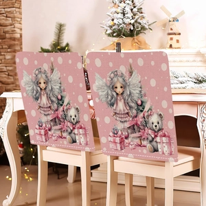 Pink Christmas chair covers featuring festive illustrations on linen fabric, set of 2
