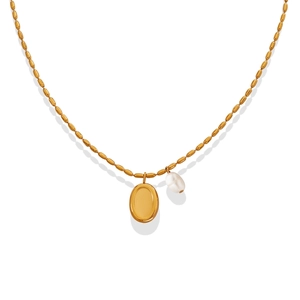 Stainless Steel Necklace With Oval Tag Pendant And Freshwater Pearl Minimalist Geometric Clavicle Chain For Women