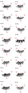 Detailed size chart of 16 styles of black cat eye eyelashes showing lengths and widths