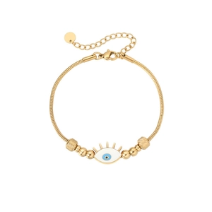 Detailed view of gold evil eye beaded bracelet with adjustable snake chain and lobster clasp