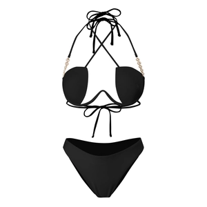 Detail of black halter bikini top with gold chain and pearl strap embellishments