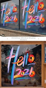 Artistic Hello 2026 festive window decal with abstract fireworks for shop display