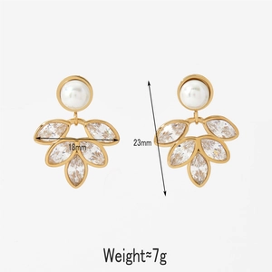 French style stainless steel earrings with pearl and leaf-shaped zircon petal design