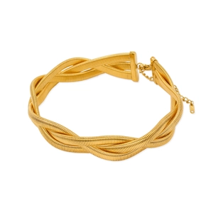 Macro detail of triple braided gold snake chain choker with K18 tag and lobster clasp