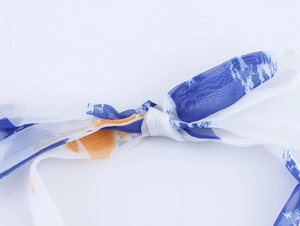 Detailaufnahme einer leichten Organzaschleife mit blauen und orangefarbenen Kunstdrucken