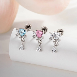 Heart Zircon Cartilage Ear Stud With Waterdrop Dangle Titanium Steel Piercing Jewelry For Women Sweet Elegant Screw Back