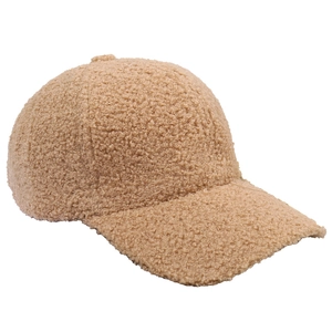 Khaki faux lamb wool baseball cap for winter featuring thick teddy fleece fabric