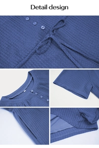 Detail view of blue waffle knit pajama set featuring buttons, drawstring, and side pockets