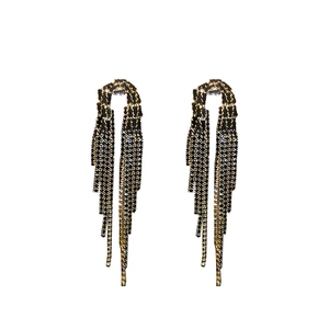 Elegant long fringe tassel earrings with black crystals and gold metal finish for women