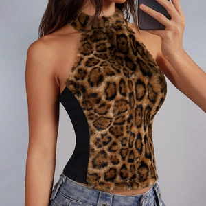 Top Halter Sexy Da Donna Con Stampa Leopardata In Ecopelliccia Senza Maniche Cropped Schiena Scoperta Patchwork