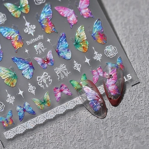 3D iridescent butterfly nail stickers with white lace and rose patterns for DIY manicure
