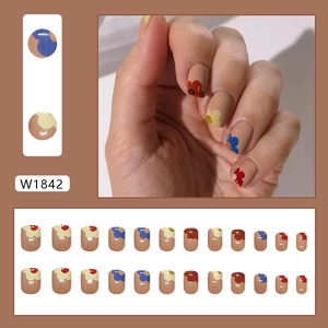 Floral short square press-on nails with colorful flower patterns in 24 piece set