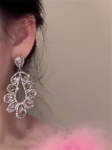 Macro view of teardrop dangle earrings featuring silver studs and sparkling crystals
