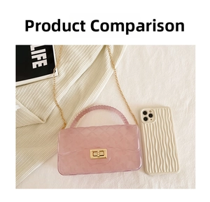 Pink jelly crossbody bag with quilted pattern, gold chain strap and mini size comparison