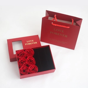 Red jewelry gift box with soap roses and matching carry bag featuring Love Forever gold foil