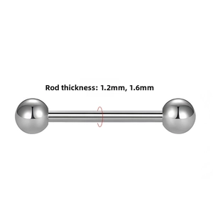 Barbell tongue piercing bars in 1.2mm and 1.6mm thickness with polished steel finish