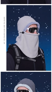 Detail of grey winter balaclava with warm fleece lining and adjustable side drawstring