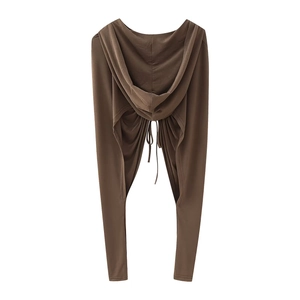 Women's brown hooded long sleeve top with unique drawstring cutout back design