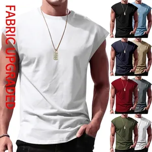 Men Sleeveless Tank Top Summer Casual Solid Color Loose Fit Muscle Tee Round Neck Breathable Polyester Gym Sporty Undershirt Top