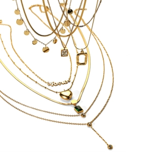 Layered 18k gold plated stainless steel necklaces with snake chains and gemstone pendants