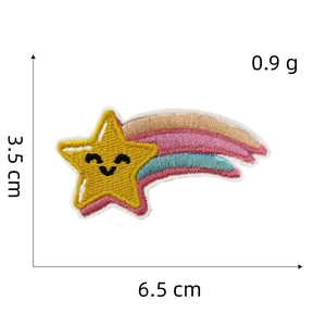 Detailed view of smiling star and rainbow embroidery patch showing 6.5x3.5cm dimensions