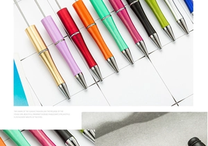 Detailed top view of colorful DIY beadable plastic ballpoint pens in vibrant metallic finishes