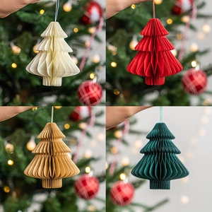 Mini honeycomb paper Christmas tree ornaments in four colors for festive home decor hanging