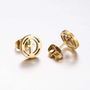 Polished gold stainless steel stud earrings with hollow cross and round frame