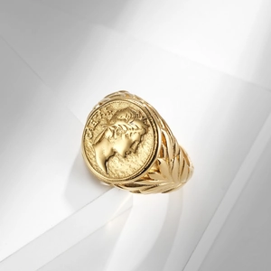 Retro Caesar portrait gold stainless steel signet ring with laurel leaf engraving
