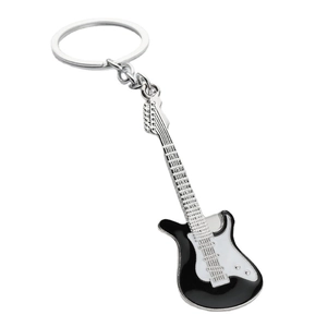Creative black and white electric guitar metal keychain with silver link chain