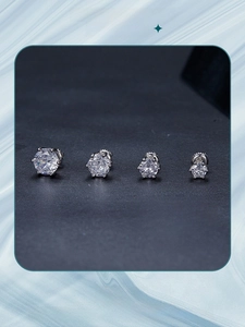 Detail view of four sizes of S925 sterling silver earrings with six-prong zircon setting