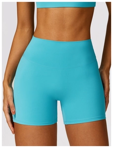 Détail de la coupe du short de yoga bleu vif à taille haute pour fitness et course