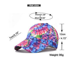 Detailed measurement guide for colorful tie-dye baseball cap showing hat size and dimensions