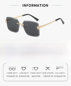 Detailed size chart and technical specifications for rimless rhinestone sunglasses