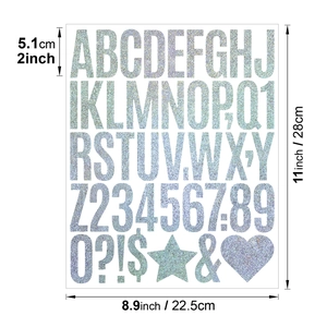 Detailed dimensions of 2-inch glitter letter and number stickers for DIY gift decor