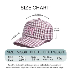 Size chart for kids pink houndstooth baseball cap with bow details and measurements