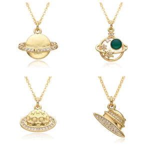18K Gold Plated Copper Planet Pendant Necklace For Women Creative Micro Inlaid Rhinestone Saturn Star Coin Sun Hat Fashion Jewelry