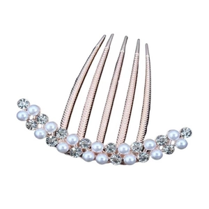Elegant rose gold hair comb with faux pearls and rhinestones on a white background