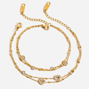 Retro Stainless Steel Double Layer Heart Bracelet For Women 18K Gold Plated Rhinestone Geometric Chain Jewelry Gift