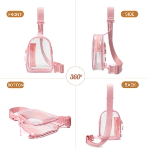 Detailed views of pink transparent waterproof PVC fanny pack from four different angles