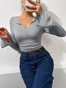 Women Slim Fit V Neck Long Sleeve T-Shirt Baumwolle Polyester Mischung Geraffte Flare Ärmel Cropped Top Sexy Streetwear