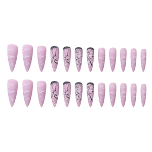 Unghie finte stiletto lunghe con motivo marmorizzato rosa e disegni di rami artistici