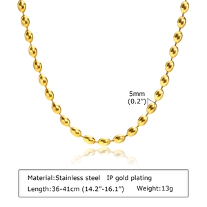 Detail of 5mm gold plated stainless steel bead chain necklace with size specifications