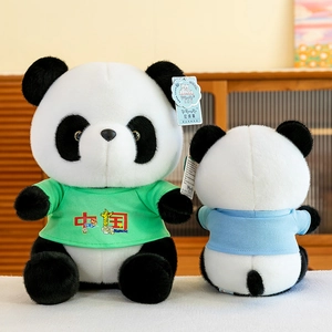 Adorable panda plush toy set wearing a green China themed T-shirt with dragon embroidery