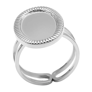 Detail shot of a silver oval-top stainless steel ring with radial textured edges and split band
