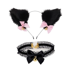 Detail of plush black cat ears headband and lace choker set with pink bows and bells